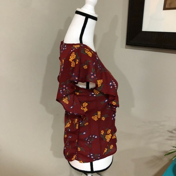 *SIENNA SKY* Maroon x Yellow Floral Ruffle Shirt - Picture 6 of 8
